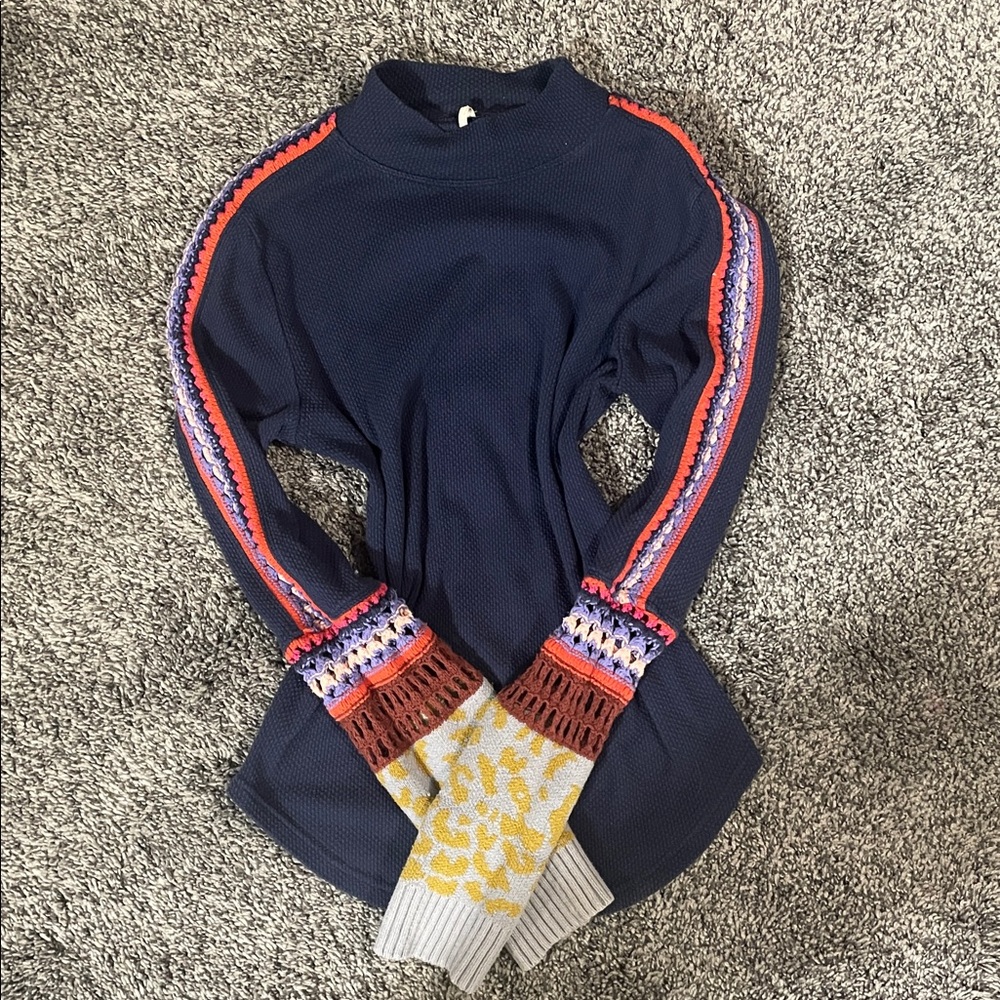 Free People Navy Waffle Knit Top with Chrochet Knit Sleeves